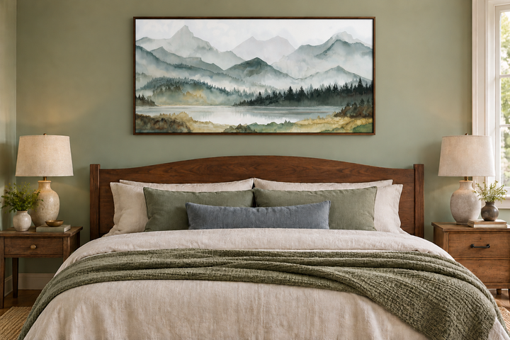 Sage green mountain lake landscape framed canvas wall art hanging above a bed in a bedroom.