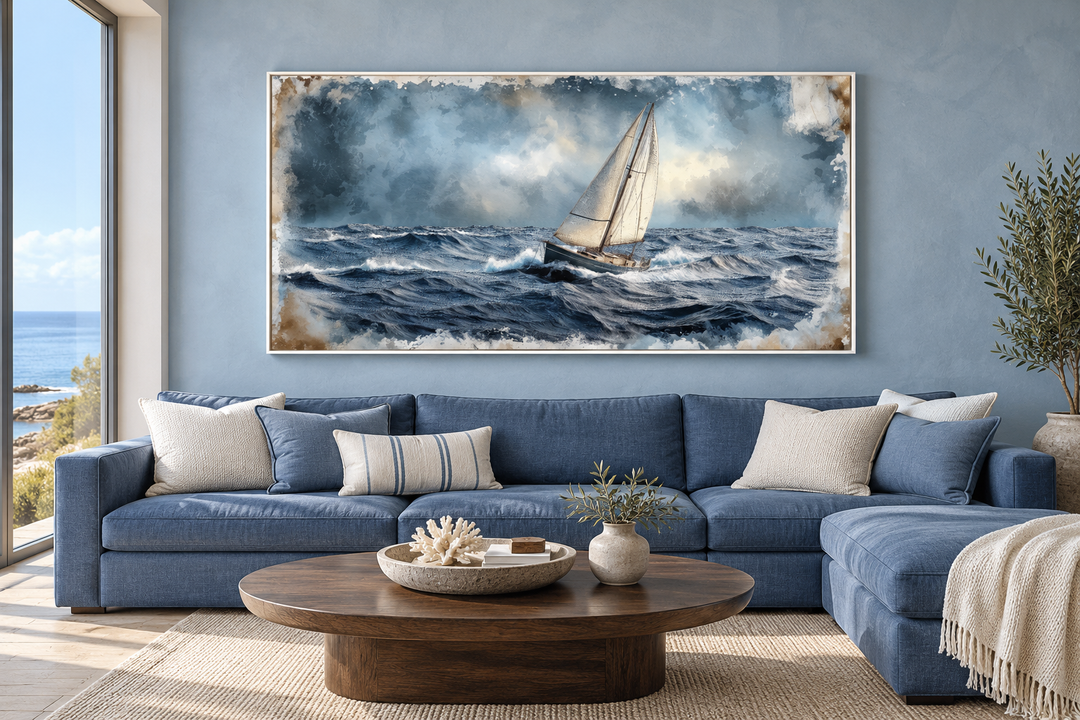 Framed canvas wall art of a sailboat on a stormy ocean above a blue sectional sofa.