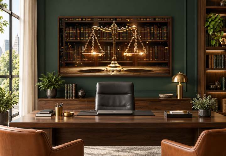 Framed golden Scales of Justice canvas print on a dark green wall in a professional law office.
