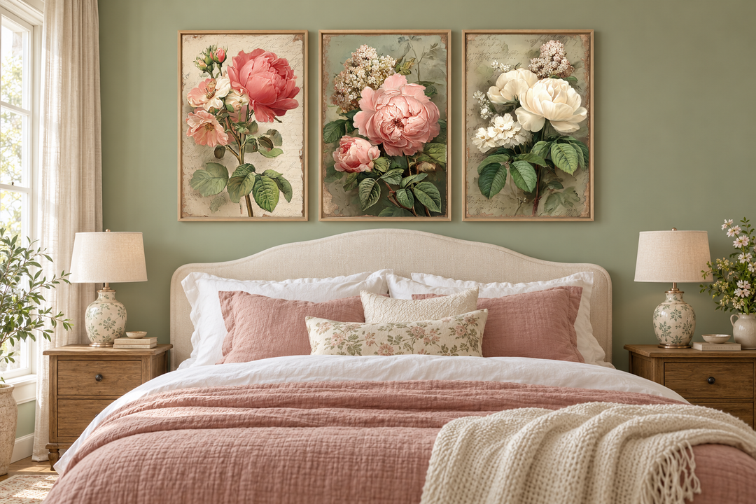 Set of 3 vintage rose botanical wall art prints in wooden frames above a bed in a sage green room.