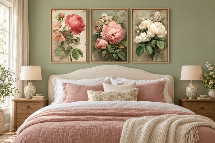 Set of 3 vintage rose botanical wall art prints in wooden frames above a bed in a sage green room.