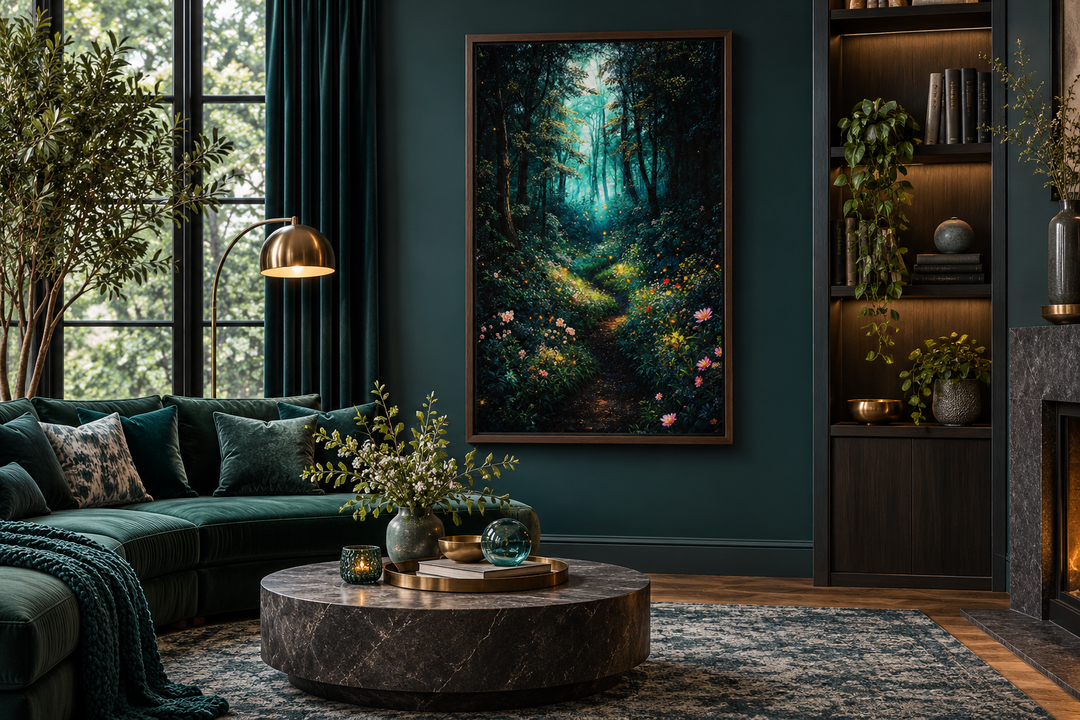 Enchanted forest framed canvas wall art with mystical lights in a dark green living room.