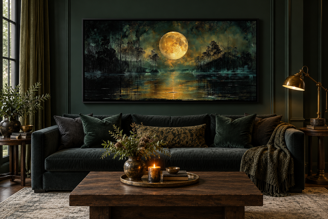 Gothic wall art of a full yellow moon over a dark lake, framed in a moody green living room.