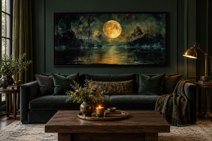 Gothic wall art of a full yellow moon over a dark lake, framed in a moody green living room.