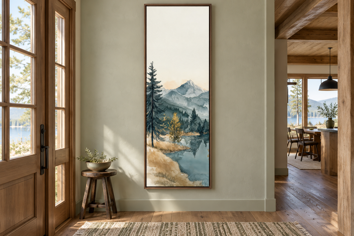 Toile murale verticale haute et étroite représentant un lac de montagne.