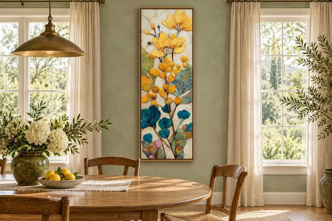 Tall narrow vertical canvas wall art with yellow and blue botanical floral design in a dining room.