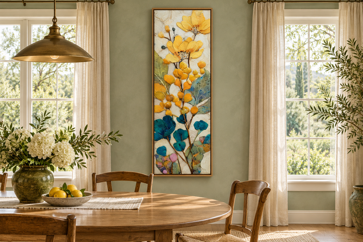 Tall narrow vertical canvas wall art with yellow and blue botanical floral design in a dining room.
