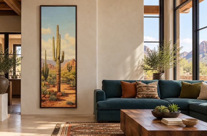 Tall vertical saguaro cactus canvas wall art in a walnut frame on a neutral living room wall.