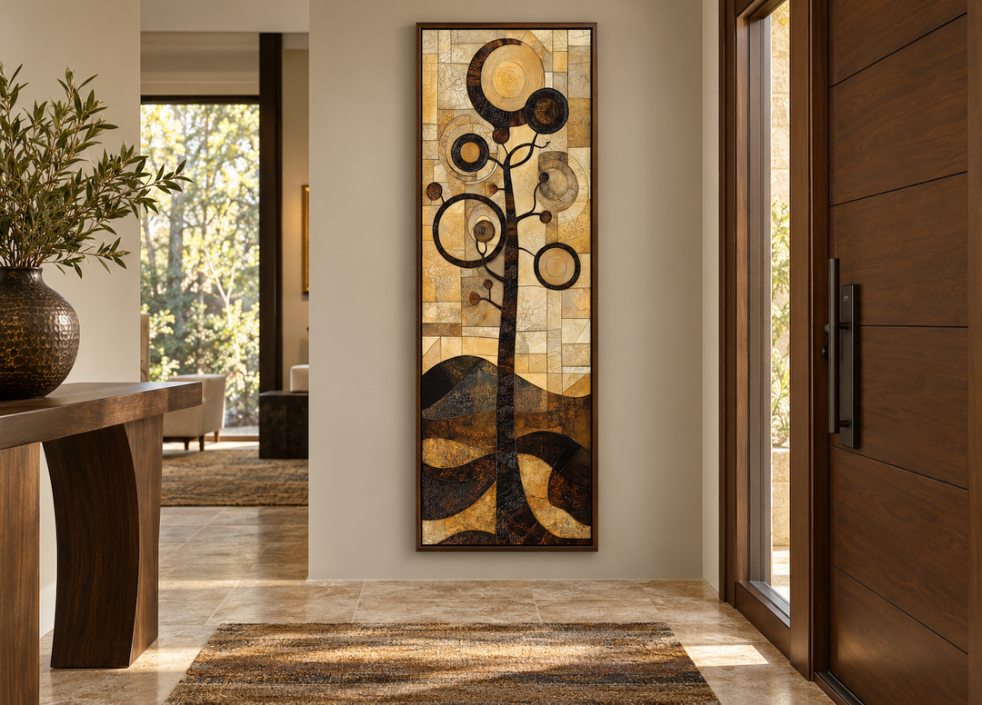 Tall vertical mid-century modern tree canvas wall art with geometric gold and black circular motifs.