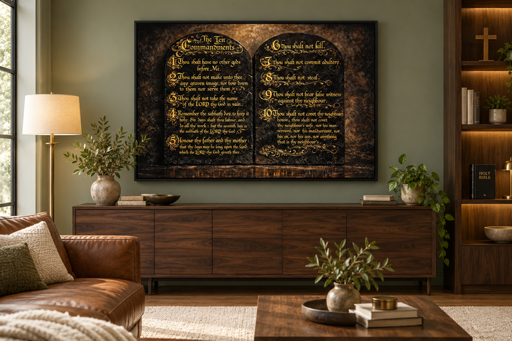 Dark Gold Ten Commandments Christian Canvas Wall Art in a black floating frame above a wood console.