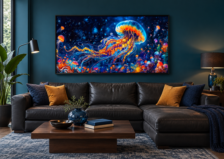 Underwater Scene With Trippy Jellyfish Framed Canvas Wall Art above a black leather sofa.