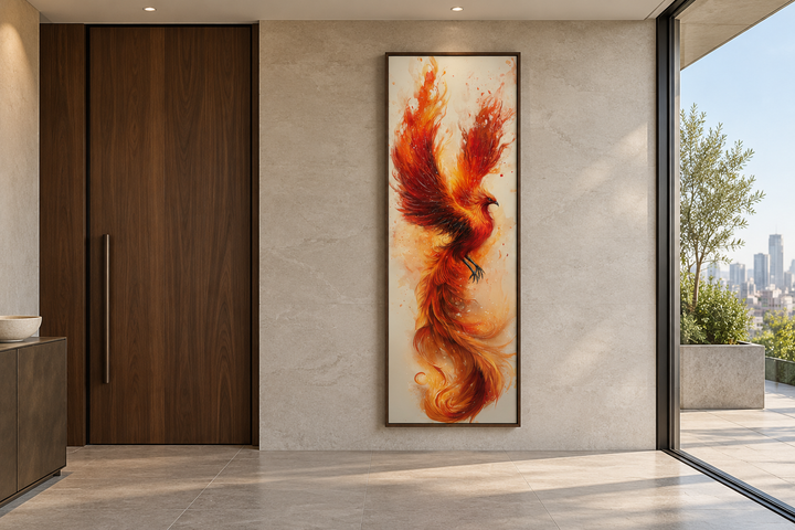 Tall narrow framed canvas wall art of a fiery orange and red phoenix on a beige background.