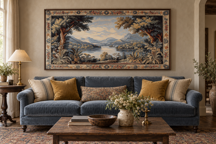 Antique river landscape framed tapestry canvas wall art hanging above a blue sofa in a living room.