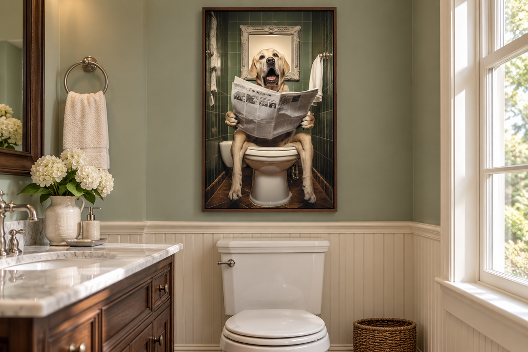 Framed canvas art of a white Labrador Retriever sitting on a toilet reading a newspaper.