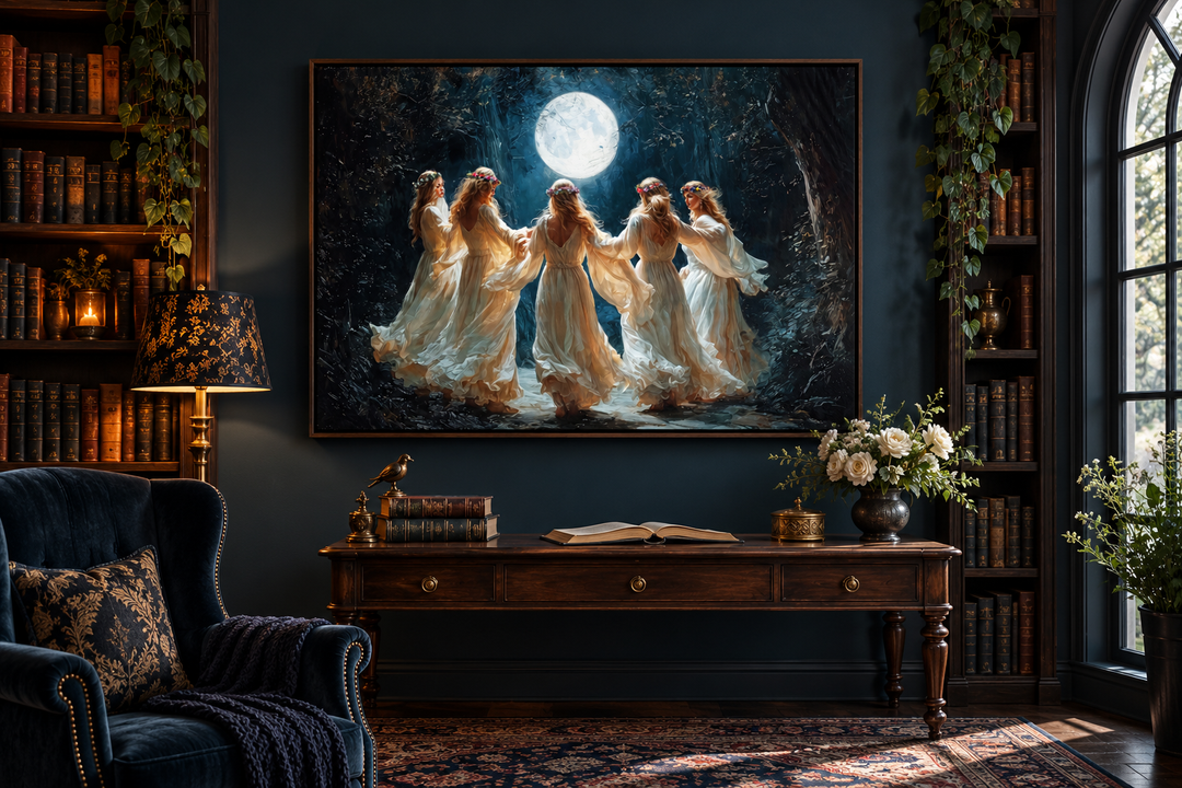 Wiccan Goddesses dancing in a forest under a full moon, framed canvas art in a dark library setting.