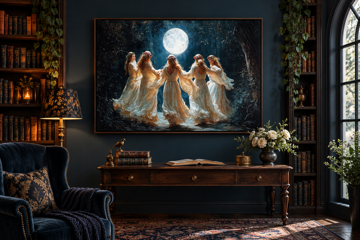 Wiccan Goddesses dancing in a forest under a full moon, framed canvas art in a dark library setting.