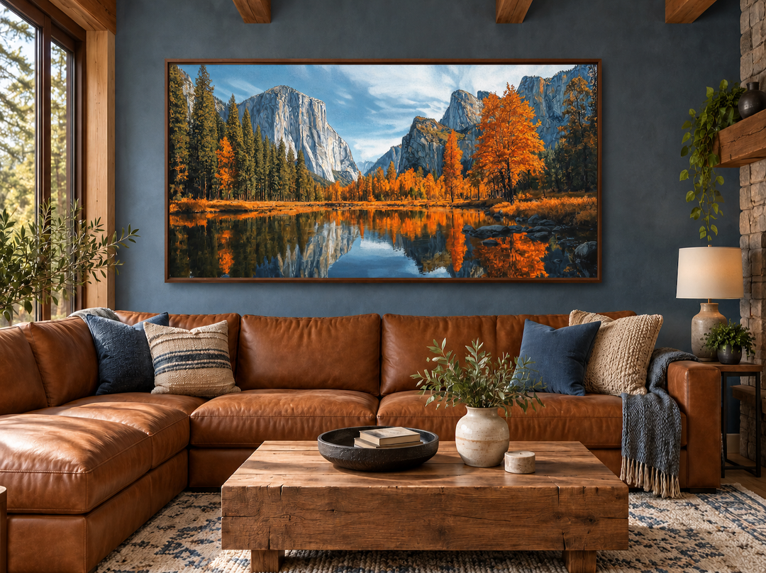 Framed canvas painting of Yosemite National Park with autumn trees and mountains over a sofa.
