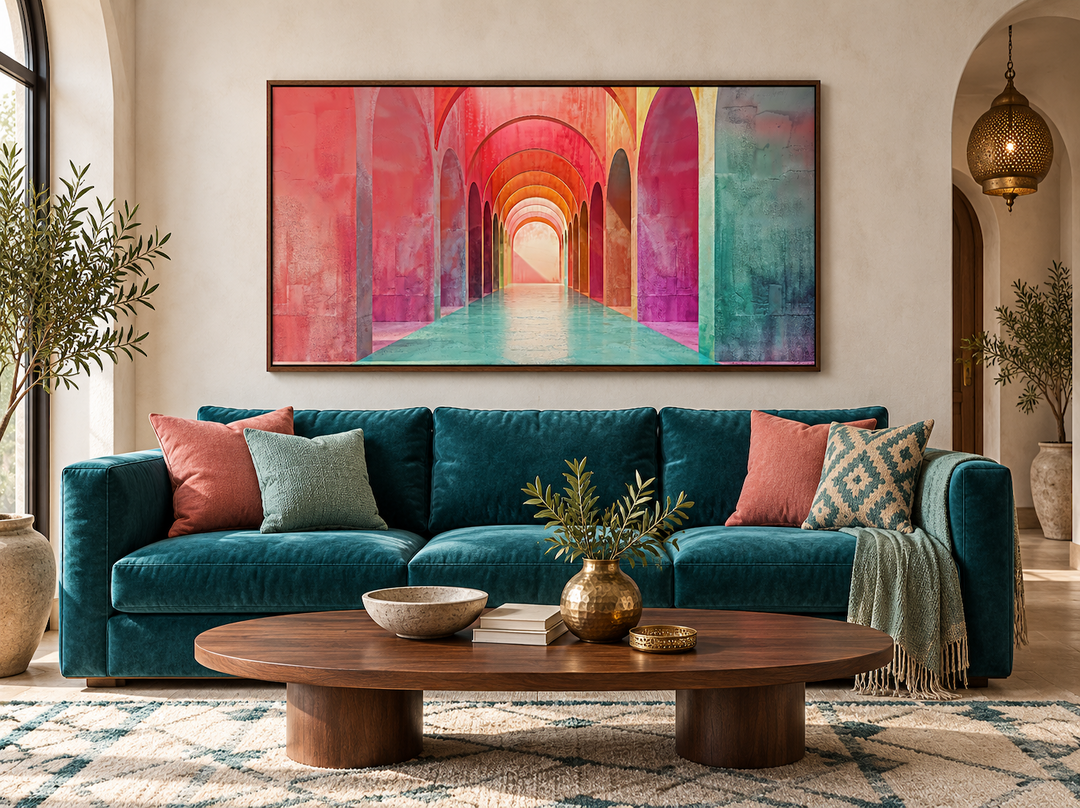 Mediterranean Archways Wall Art in a walnut frame above a teal sofa in a bohemian living room.