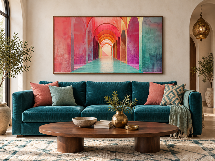 Mediterranean Archways Wall Art in a walnut frame above a teal sofa in a bohemian living room.