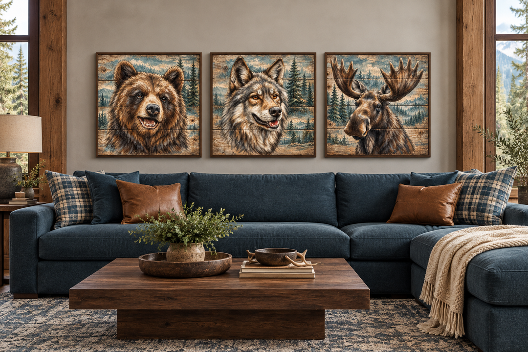 Three framed wildlife canvas prints of a bear, wolf, and moose above a blue sectional sofa.