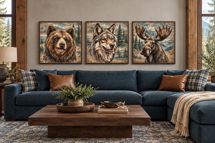 Three framed wildlife canvas prints of a bear, wolf, and moose above a blue sectional sofa.