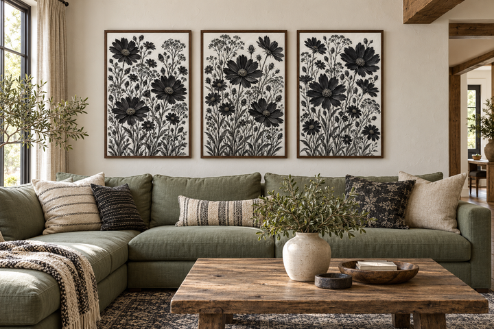 Set of 3 black and white wildflower canvas prints in rustic wood frames above a green sectional.