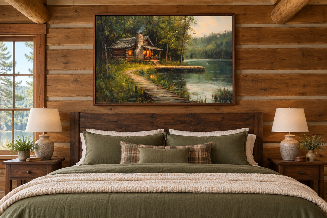 Cabin On The Lake Framed Canvas Wall Art hanging above a bed in a rustic log cabin bedroom.