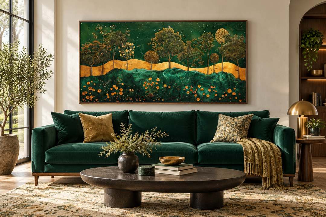 Emerald green and gold Art Nouveau framed canvas print with a tree motif above a green velvet sofa.