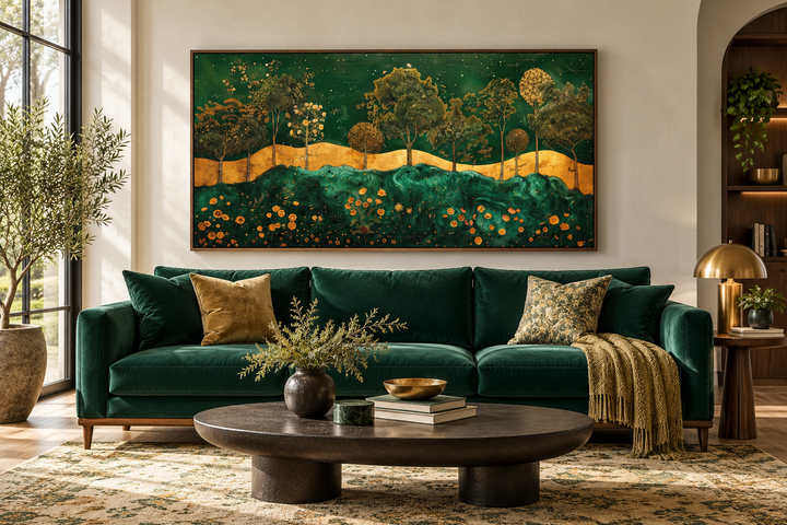 Emerald green and gold Art Nouveau framed canvas print with a tree motif above a green velvet sofa.