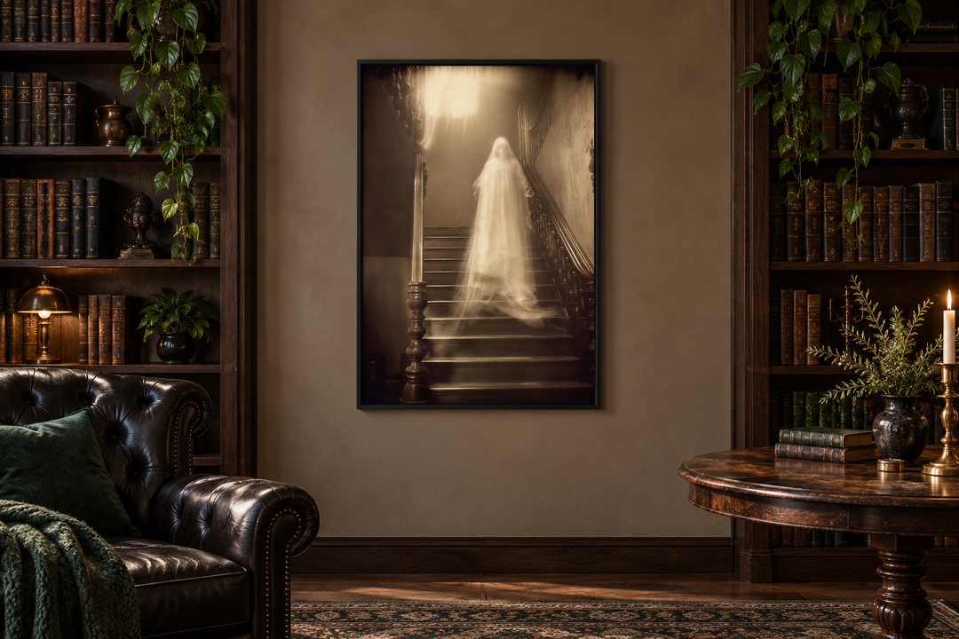 Framed canvas wall art of a ghostly figure on a staircase in a dark, vintage library setting.