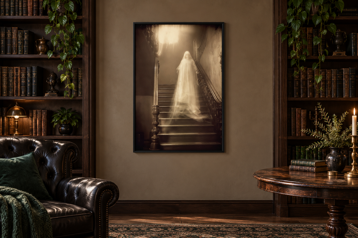 Framed canvas wall art of a ghostly figure on a staircase in a dark, vintage library setting.
