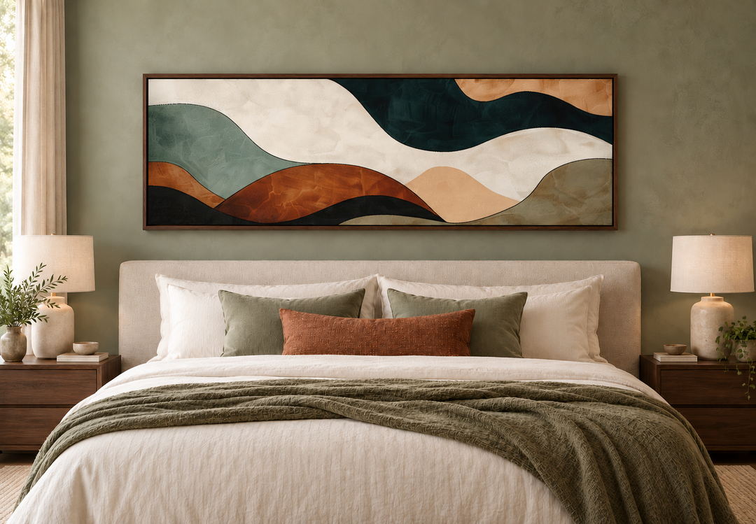Horizontal abstract canvas art with green and brown waves above a bed in a sage green room.