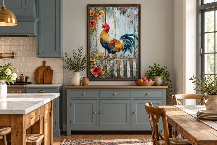 Rooster On The Fence Rustic Farmhouse Framed Canvas Wall Art in a blue kitchen setting.