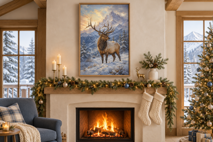 Elk in Snowy Mountains Framed Canvas Wall Art hanging above a cozy fireplace with Christmas decor.