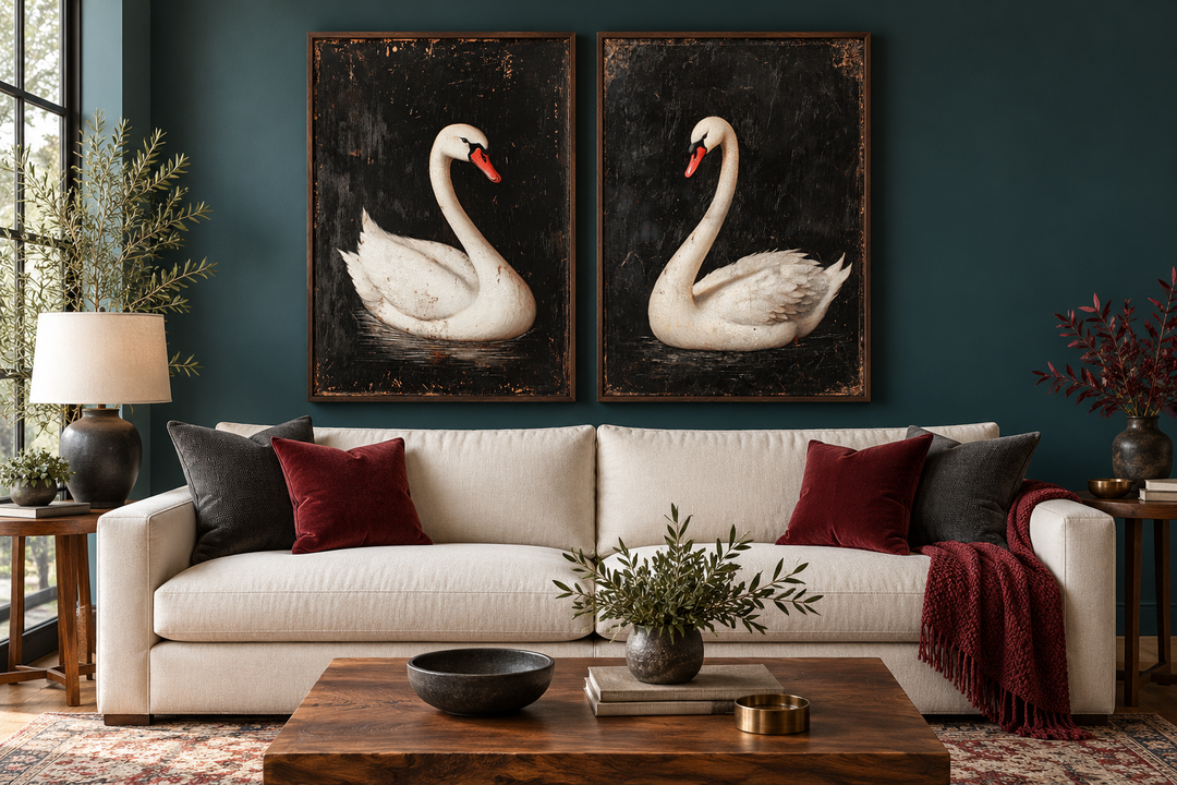 Set of 2 framed canvas wall art featuring antique white swans on a dark black background.