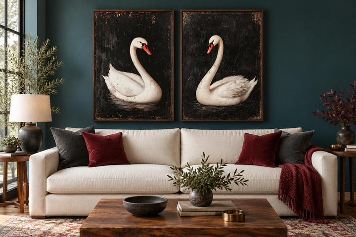 Set of 2 framed canvas wall art featuring antique white swans on a dark black background.