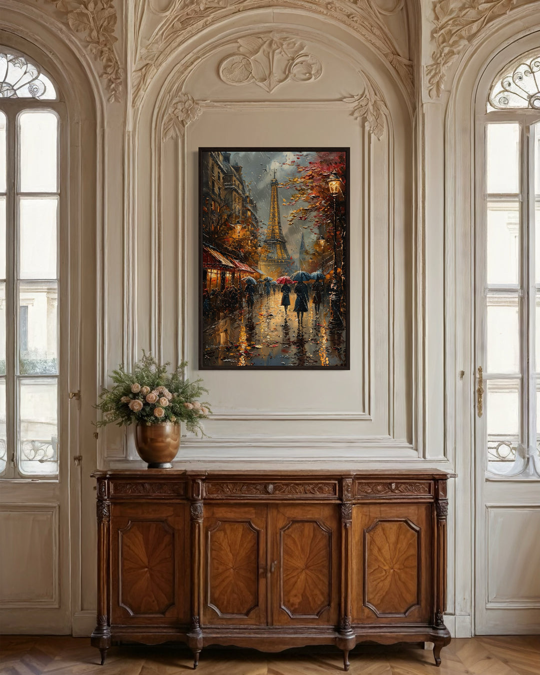 Romantic Paris Street In Rain With Eiffel Tower Framed Canvas Wall Art in living room