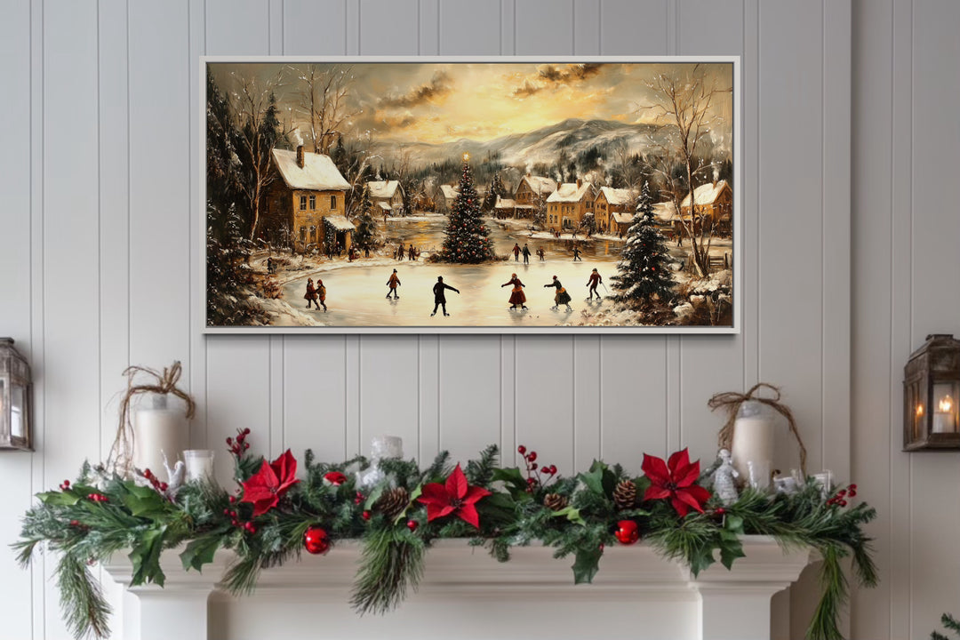 Christmas Village Skating Scene Framed Canvas Wall Art