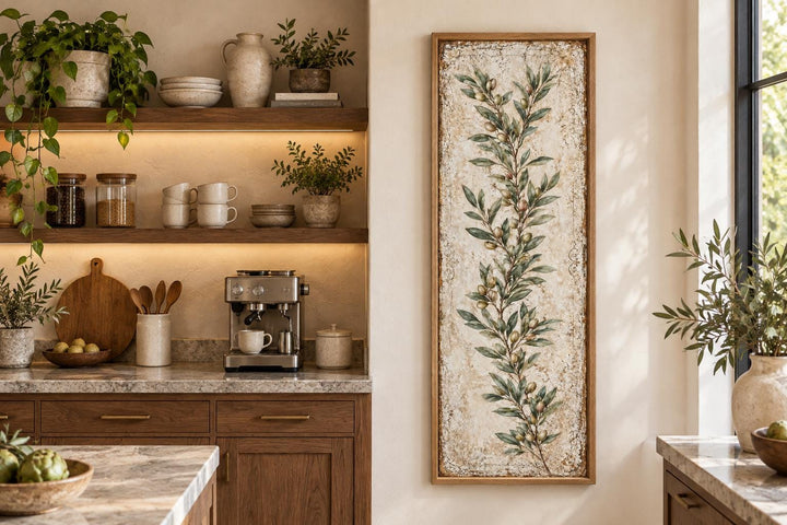 Tall vertical canvas wall art featuring a green olive branch on a textured, aged cream background.