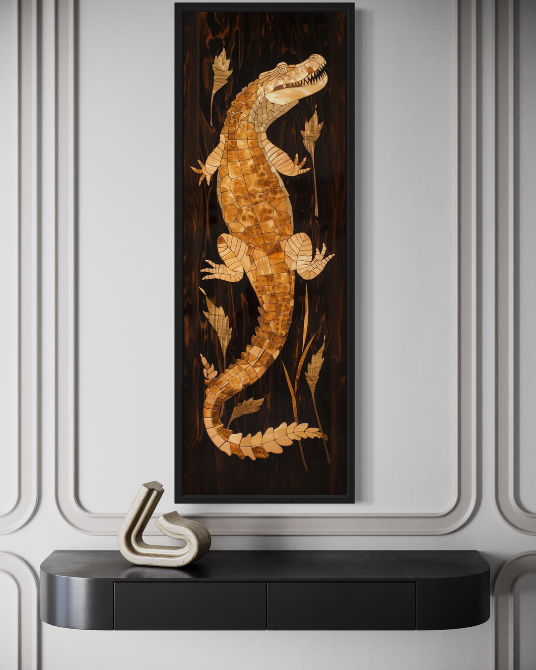 Tall Narrow Vertical Wooden Alligator Framed Canvas Wall Art close up