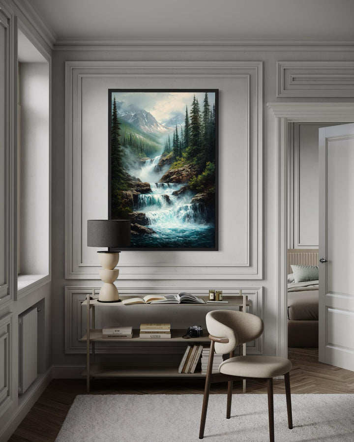 Vertical canvas wall art of a cascading mountain waterfall surrounded by pine trees and mist.