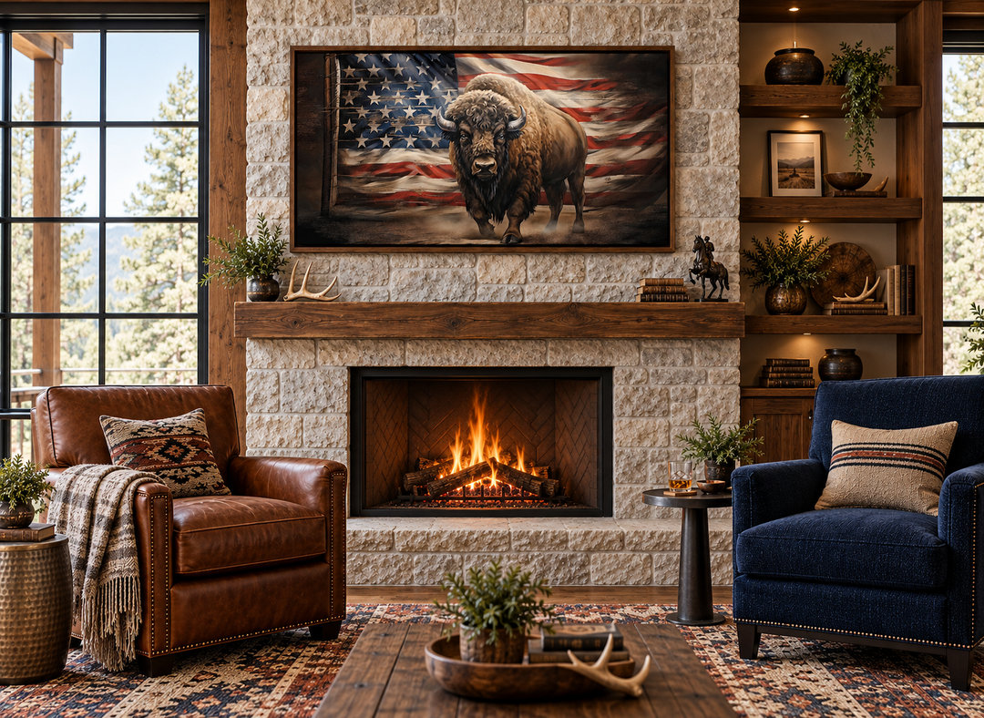 Bison wall art framed canvas print with American flag decor above a stone fireplace.