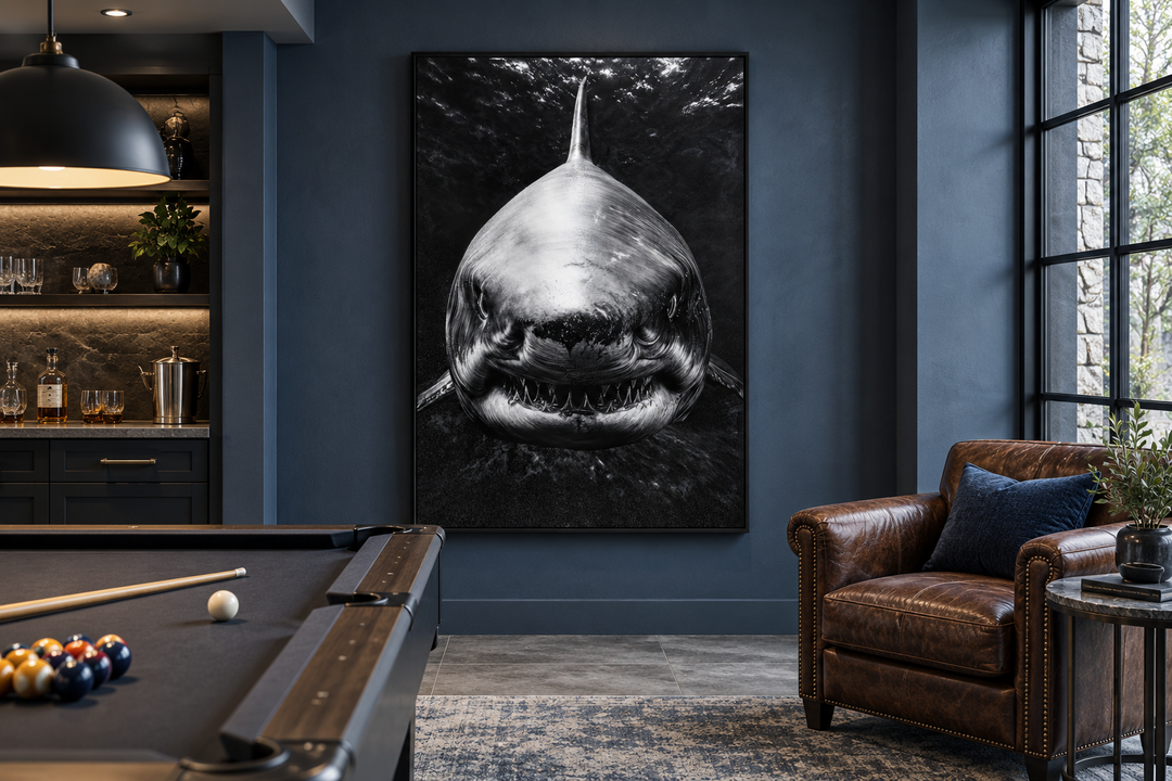 Great white shark black and white framed canvas wall art in a modern game room.