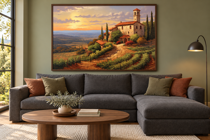 Framed canvas wall art of a Tuscan landscape with a stone villa above a dark gray sectional sofa.