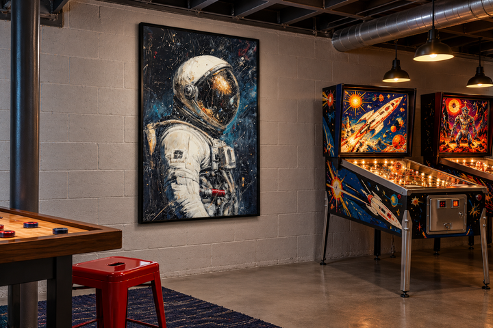 Astronaut Graffiti Framed Canvas Wall Art in a black frame on a grey brick wall in a game room.
