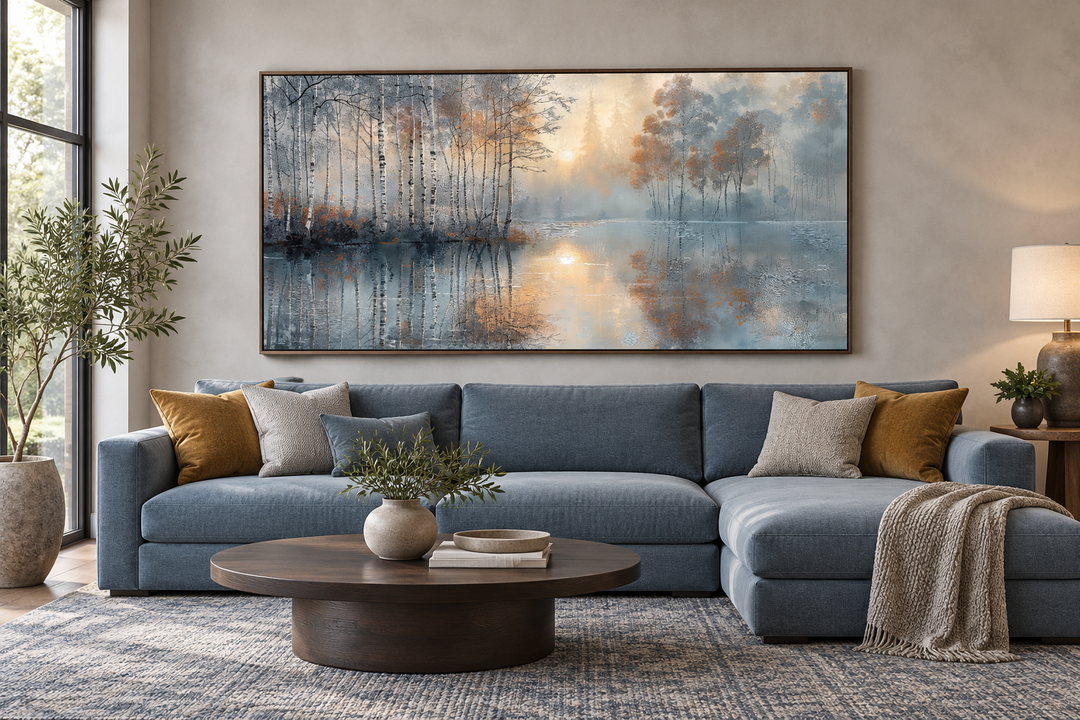 Birch Trees Wall Art in a walnut frame above a blue sectional sofa in a modern living room.