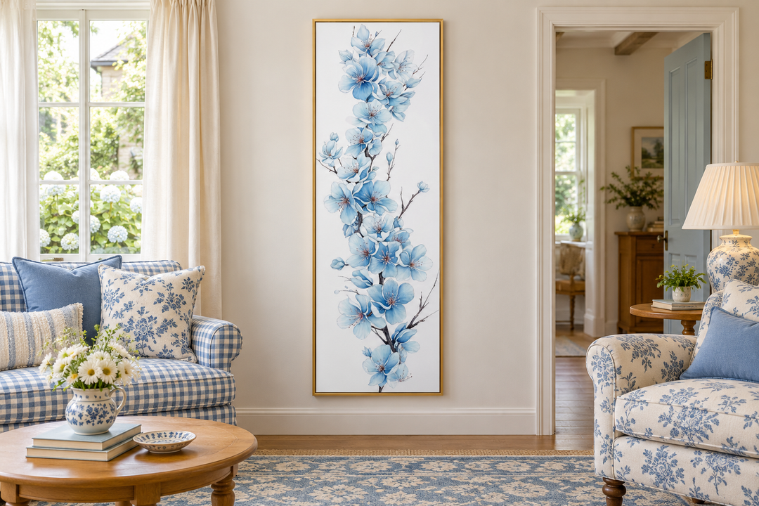 Vertical narrow canvas wall art featuring blue watercolor sakura blossoms in a gold frame.
