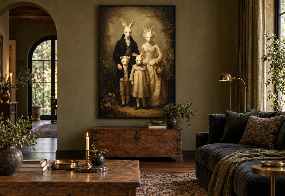 Gerahmtes Leinwandbild „Rabbit Cult Family“ im viktorianischen Stil 