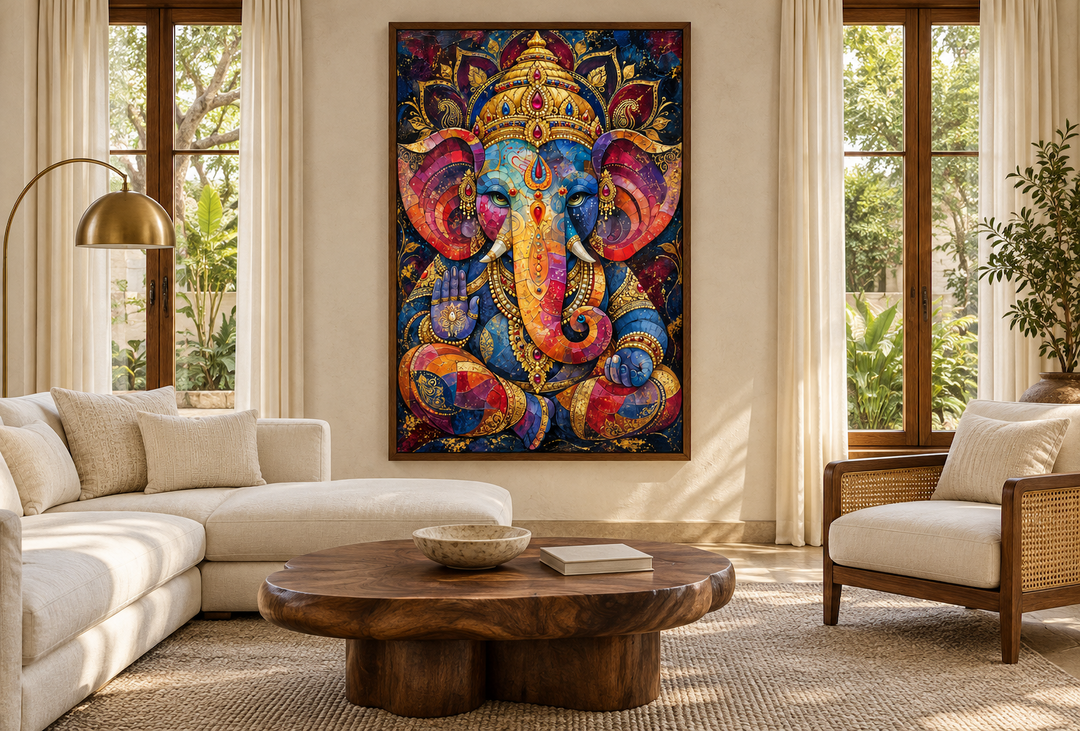 Colorful modern Lord Ganesha framed canvas wall art in a neutral living room setting.