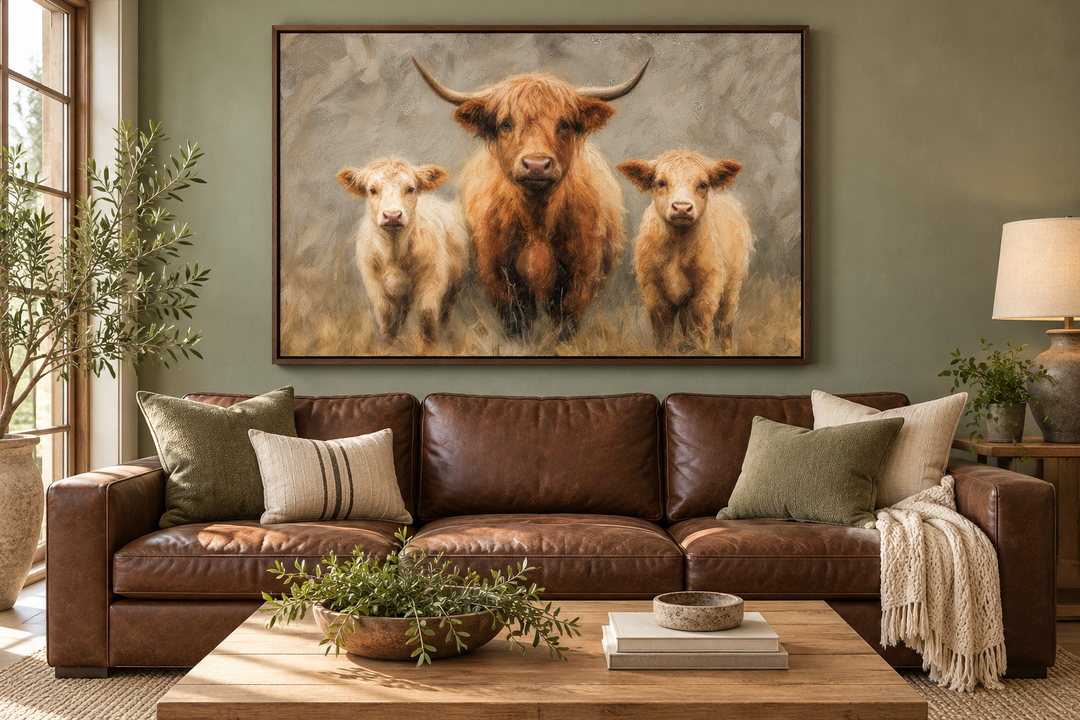 Highland Cow and Two Calves canvas wall art in a walnut frame above a brown leather sofa.